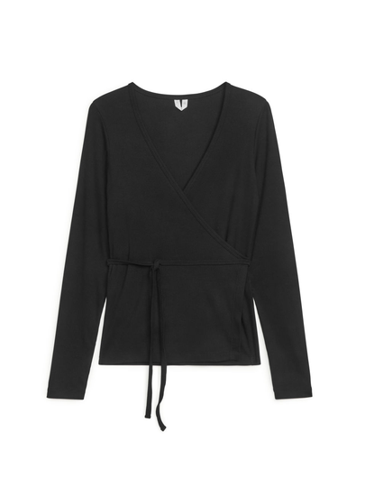 Rib-Knit Wrap Top - Black