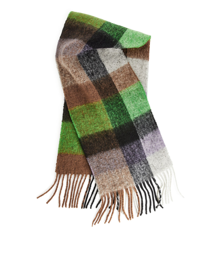 Check-Pattern Wool Scarf - Green