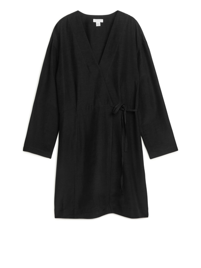 Linen Blend Wrap Dress - Black