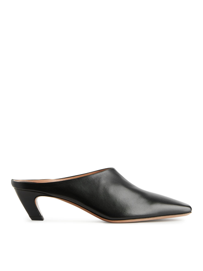 Square Toe Leather Mules - Black
