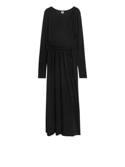 Lyocell Blend Wrap Dress - Black