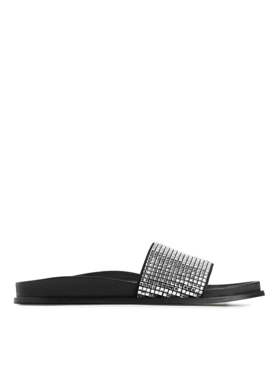 Rhinestone Leather Slides - Black