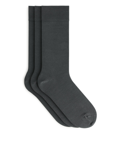 Mercerised Cotton Socks, 3 Pairs - Grey
