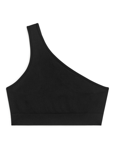 Seamless One-Shoulder Sports Bra - Black