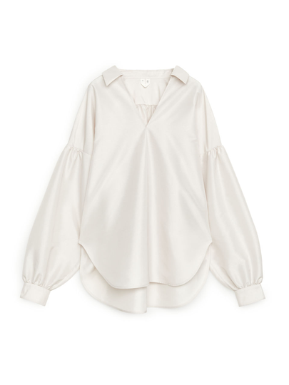 Puff Sleeve Pop-Over Blouse - Beige