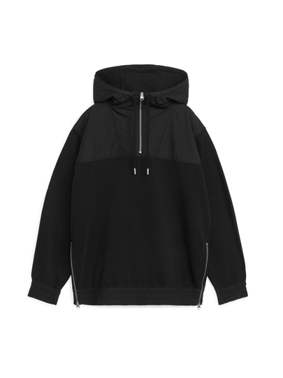 Woven-Detail Hoodie - Black