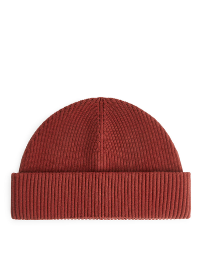 Short Ribbed Cotton Beanie - Orange