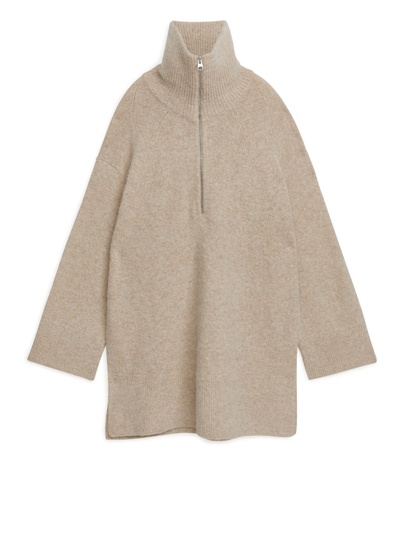 Half Zip Wool Blend Jumper - Beige