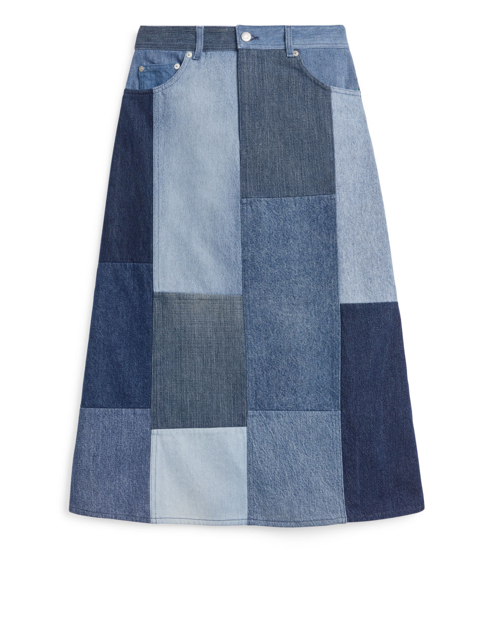 Patchwork Denim Midi Skirt - Blue