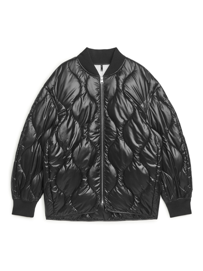 Shiny Quilted Bomber - Black