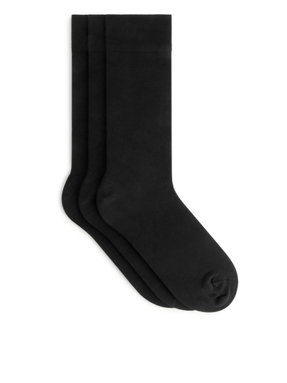 Mercerised Cotton Socks, 3 Pairs - Black