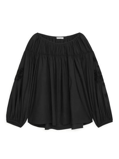 Ruched Broderie Anglaise Blouse - Black