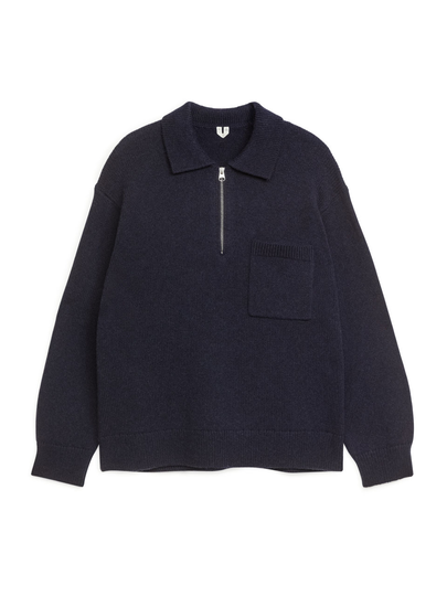 Knitted Wool Half-Zip Cardigan - Blue