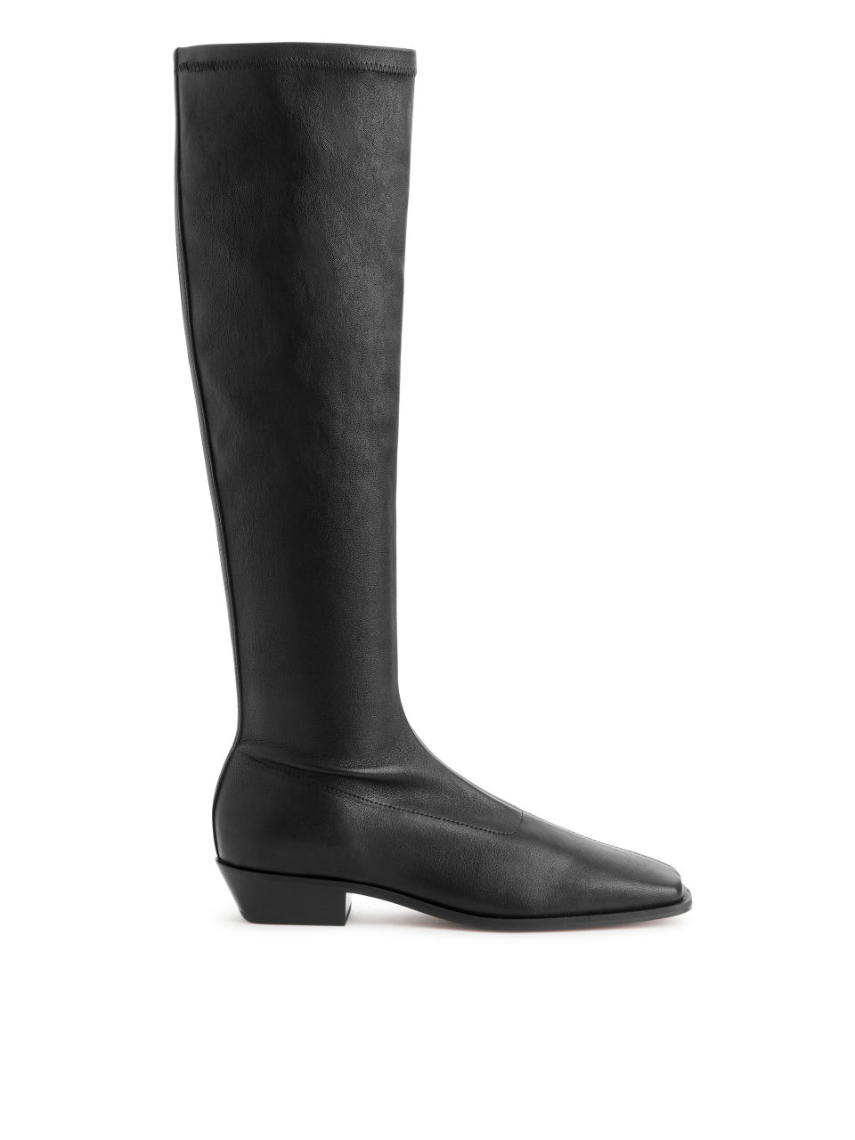 Low-Heel Stretch Leather Boots - Black