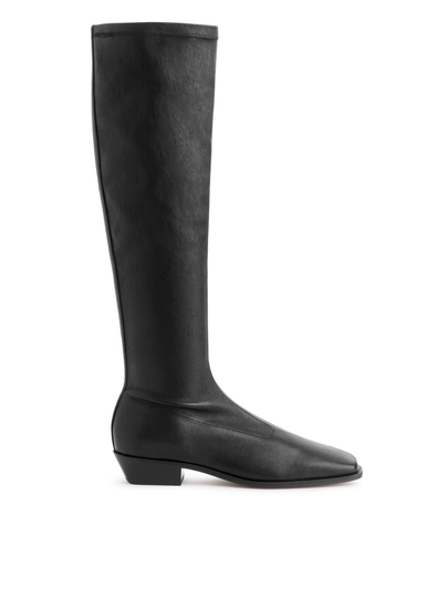 Low-Heel Stretch Leather Boots - Black