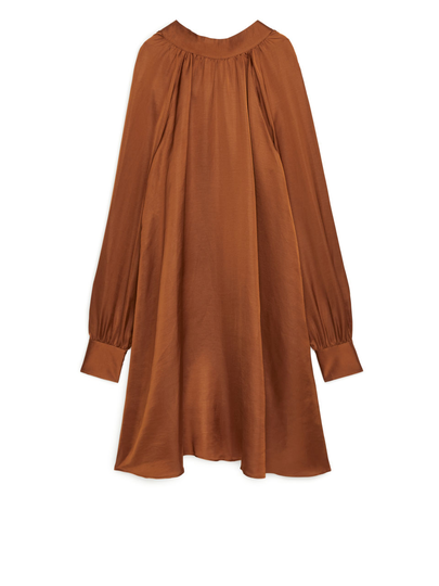 Tie-Neck Linen Blend Dress - Orange