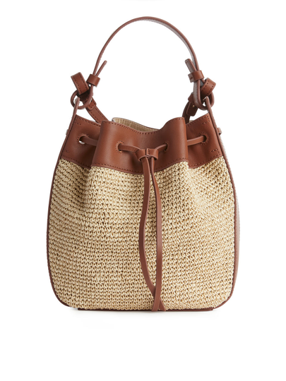 Leather Trimmed Straw Bag - Beige