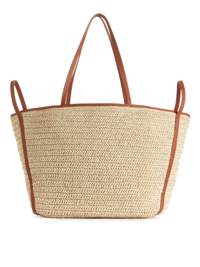 Leather Detailed Straw Tote - Beige