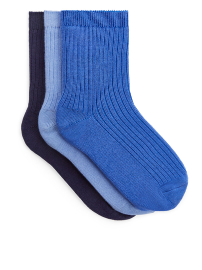 Rib Knit Socks, 3 Pairs - Blue
