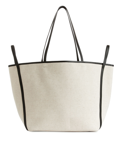 Leather Detailed Linen Tote - White