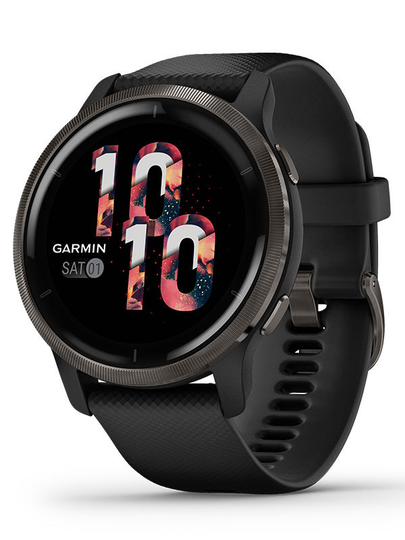 Garmin Venu 2 Skiffergrå i rostfritt stål med svart boett och silikonarmband 010-02430-11