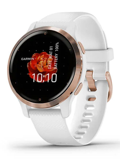 Garmin Venu 2S Roséguldfärgad infattning i rostfritt stål med vit boett och silikonarmband 010-02429-13
