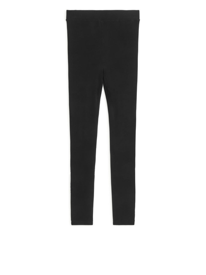 Zip-Detail Ribbed Leggings - Black