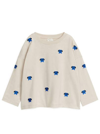 Embroidered Long Sleeve Top - Beige