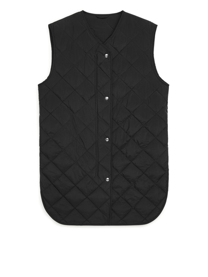 Long Quilted Vest - Black