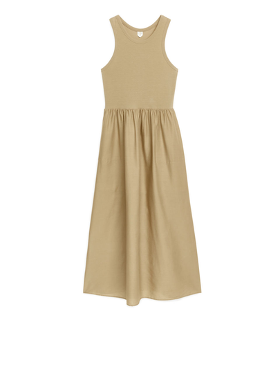 Racer-Cut Cotton Blend Dress - Beige