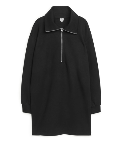 High-Collar Sweatshirt Dress - Black