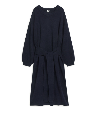 Knot-Detail Knitted Wool Dress - Blue