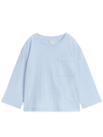 Linen-Blend Long Sleeve T-Shirt - Blue