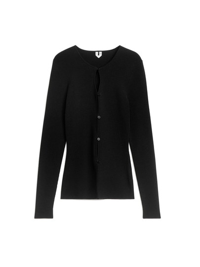 Slim-Fit Ribbed Cardigan - Black