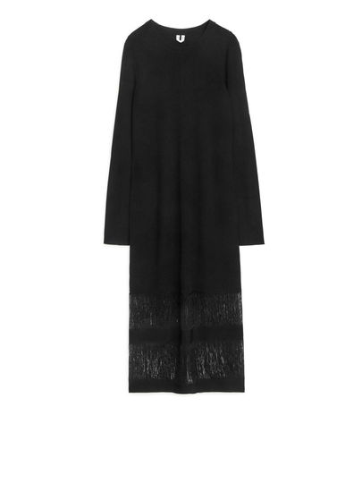 Knitted Fringe Dress - Black