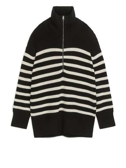 Wool Cotton Half Zip Jumper - Black