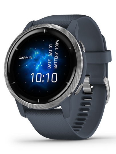 Garmin Venu 2 Silverfärgad i rostfritt stål med granitblå boett och silikoarmband 010-02430-10