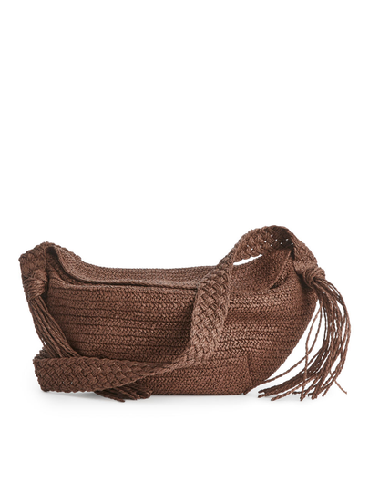 Tassel-Detail Braided Crossbody Bag - Brown