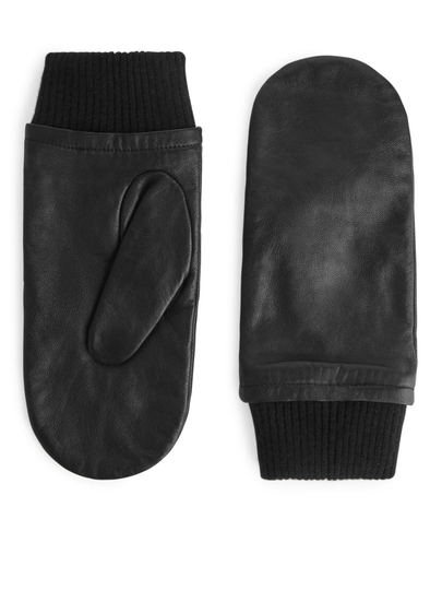 Wool-Lined Leather Mittens - Black