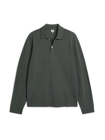 Long-Sleeved Piqué Polo Shirt - Grey