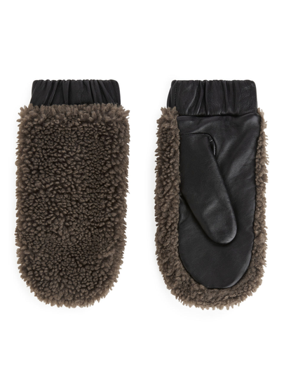 Leather and Pile Mittens - Beige