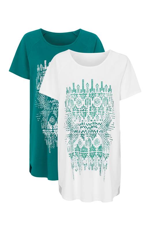 Cellbes Mönstrad kortärmad jerseytunika 2-Pack Smaragdgrön Vit