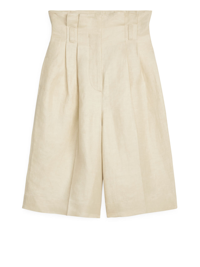 Linen Blend Pleated Culottes - Beige