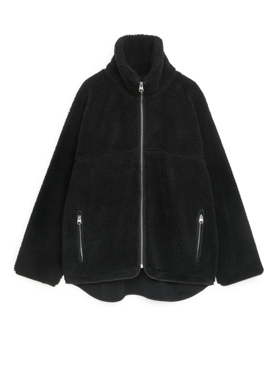 High-Neck Pile Jacket - Black