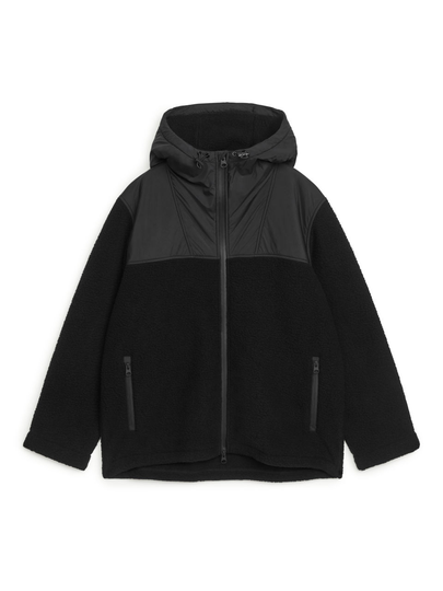 Contrast Hood Fleece Jacket - Black