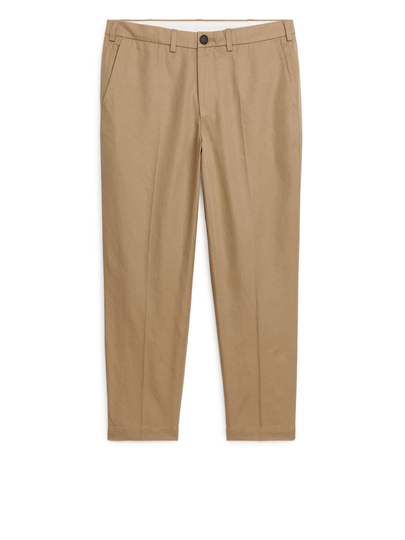 Regular Cropped Cotton-Linen Trousers - Beige