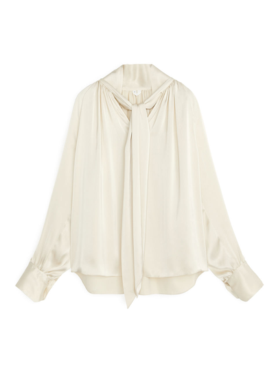 Tie Neck Satin Blouse - Beige