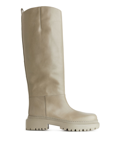 High-Shaft Chunky Leather Boots - Beige